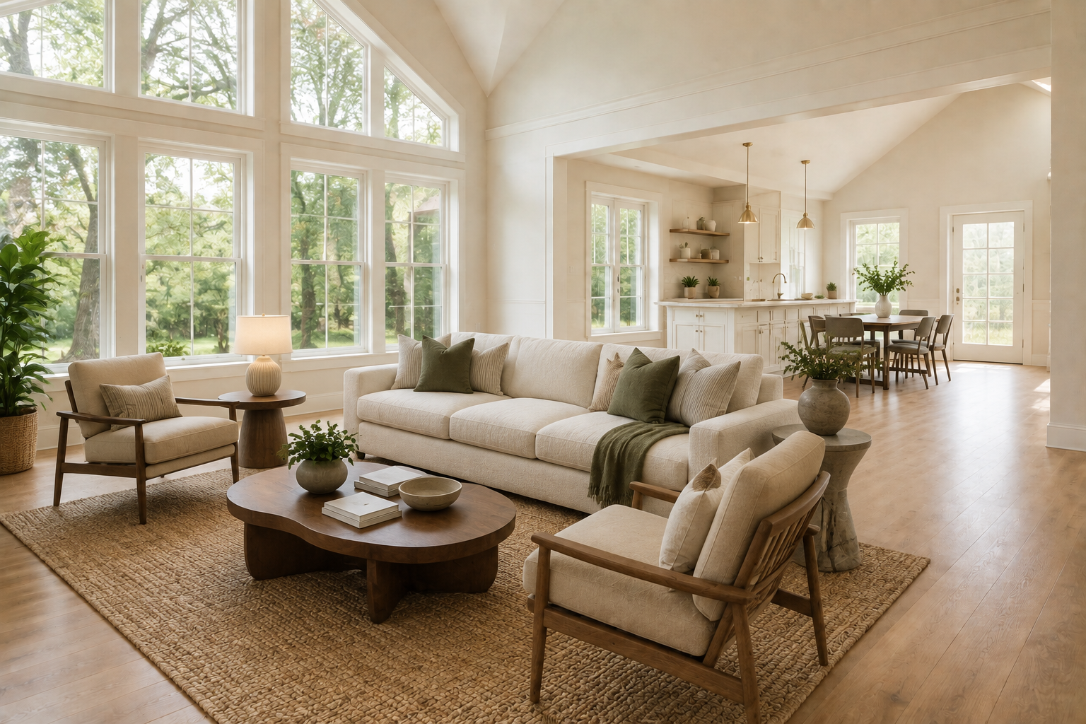 Same room virtually staged with a sofa, chairs, rug, and coffee table