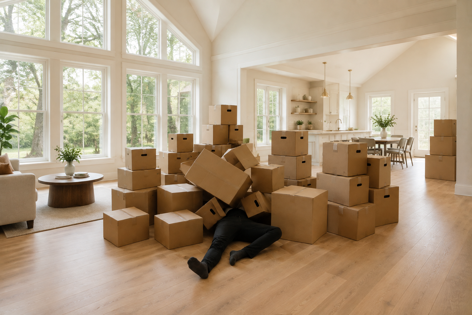 Open living room filled with moving boxes